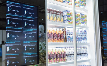 Die Infos für gekühlte und TK-Produkte können die Kunden
auf den Touch-Screens neben den Glastüren abrufen, bevor sie das Produkt überhaupt in die Hand nehmen. (Quellen: Coop Italia, Expo Mailand, Cefla, Pietro Baroni)