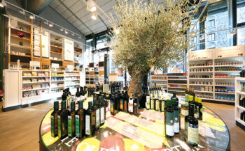 Rund um einen Olivenbaum werden 100 Sorten Olivenöl präsentiert und deren Verwendung erläutert.