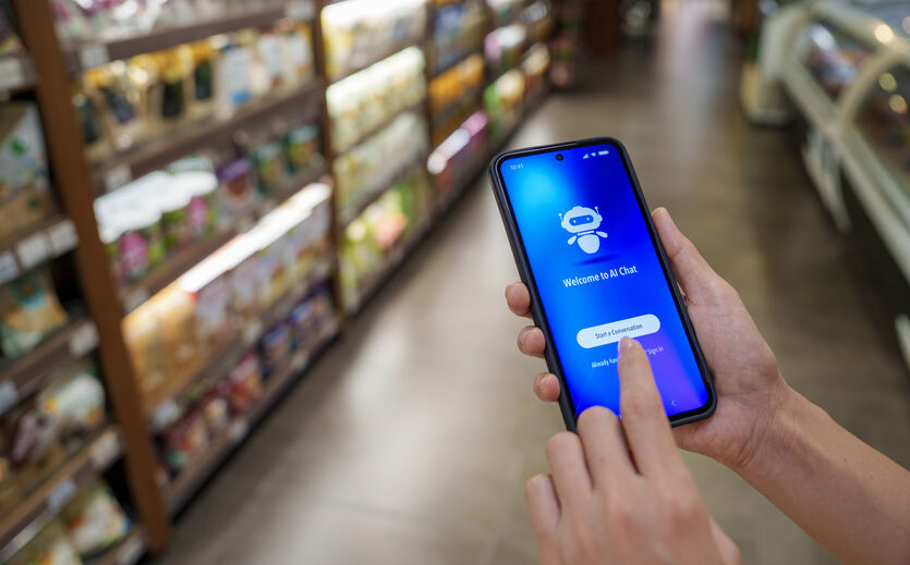 Studie zu KI: Person hält im Supermarkt Smartphone mit KI-Begrüßung in der Hand. n