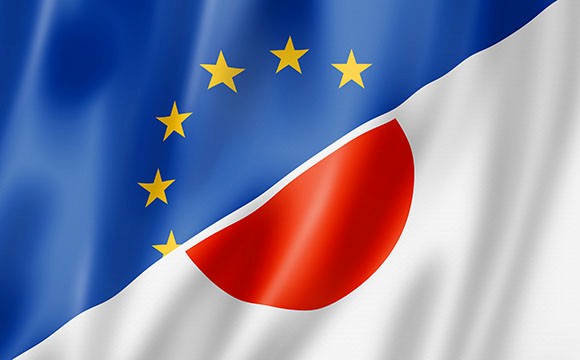 Mixed Europe and Japan flag, three dimensional render, illustration