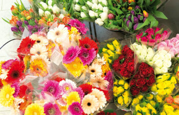 Für Blumenfreunde und als
Mitbringsel geeignet: bunte Sträuße.