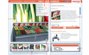 Der METO-Shop-Konfigurator ist die erste interaktive PoS-Softwarelösung und will Einkaufserlebnisse schaffen. Über ein webbasiertes Portal lassen sich individuelle Gestaltungslösungen für den Point of Sale zusammenstellen, von Ladenbauelementen bis hin zu Verkaufsförderungsartikeln.