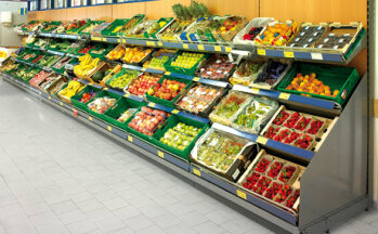Rationelle Obst- und Gemüse-Präsentation zur schnellen Bestückung mit Kisten im Standardformat.