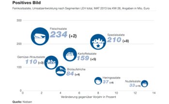Feinkostsalate, Umsatzentwicklung nach Segmenten LEH total, MAT 2013 bis KW 26, Angaben in Mio. Euro (Quelle: Nielsen)