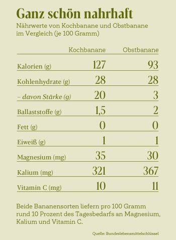 Nährwerte von Kochbanane und Obstbanane im Vergleich (je 100 Gramm)