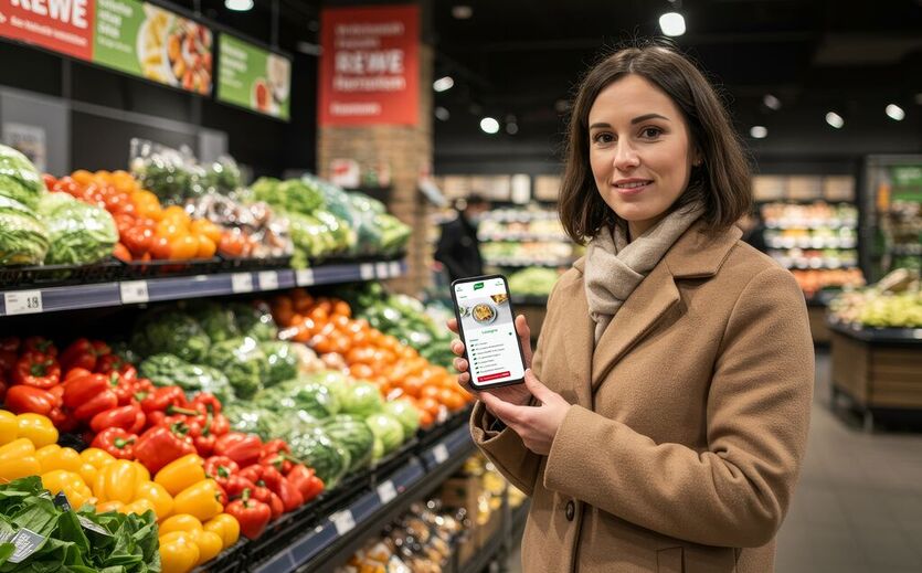 Dame im Supermarkt zeigt ihr Smartphone mit dem Online-Rezept