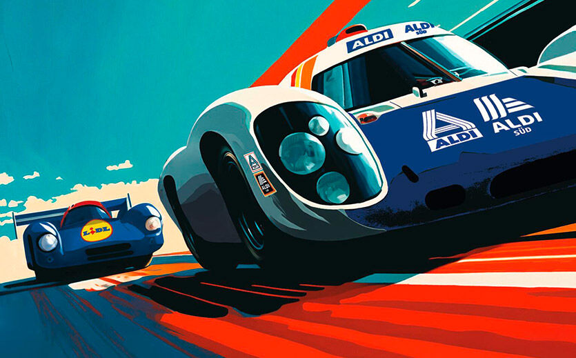 Aldi und Lidl als Rennwagen dargestellt