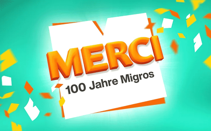 Migros wird zu MERCI: Vor grünem Hintergrund mit buntem Konfetti steht Merci 100 Jahre Migros auf weißem Grund.
