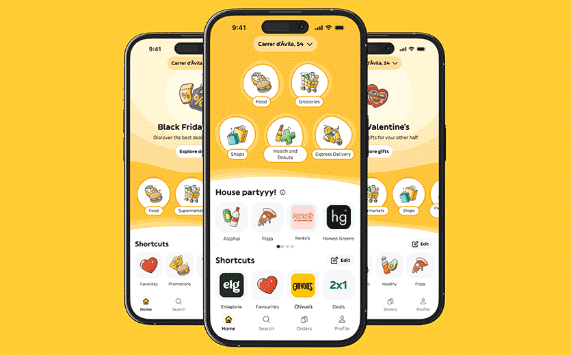 Glovo überarbeitet Liefer-App mit KI-Geschenke-Assistent: Drei Handys mit der Glovo App. 