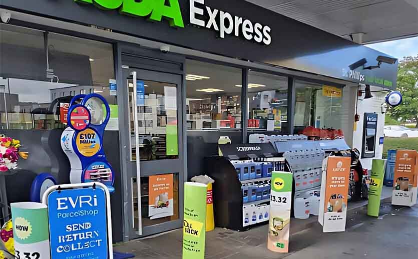 Evri richtet Paketshops in Asda-Filialen ein: Vor einem Asda Express Shop steht ein blaues Schild mit dem Schriftzug EVRI. 