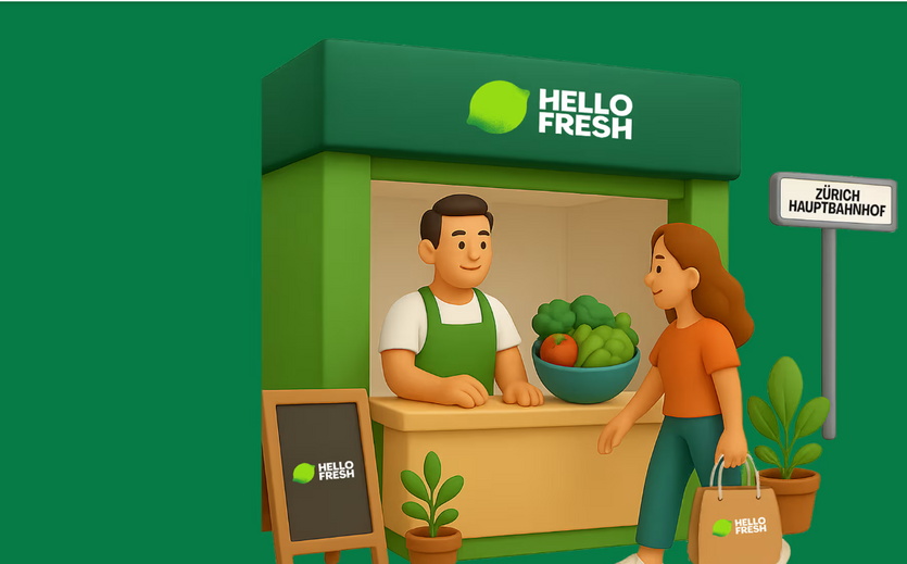 Illustration eines HelloFresh-Pop-up-Stands am Zürcher Hauptbahnhof.