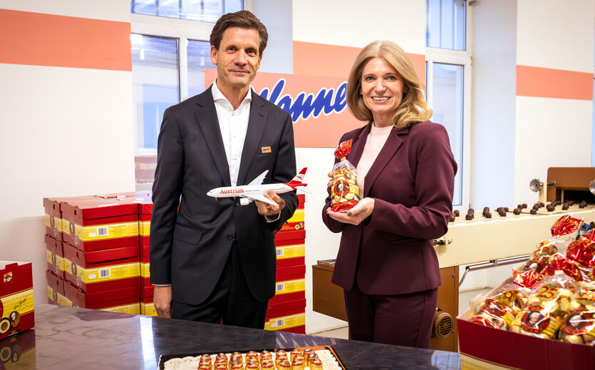 Manner kooperiert mit Austrian Airlines: Manner CEO Dieter Messner und Austrian CEO Annette Mann