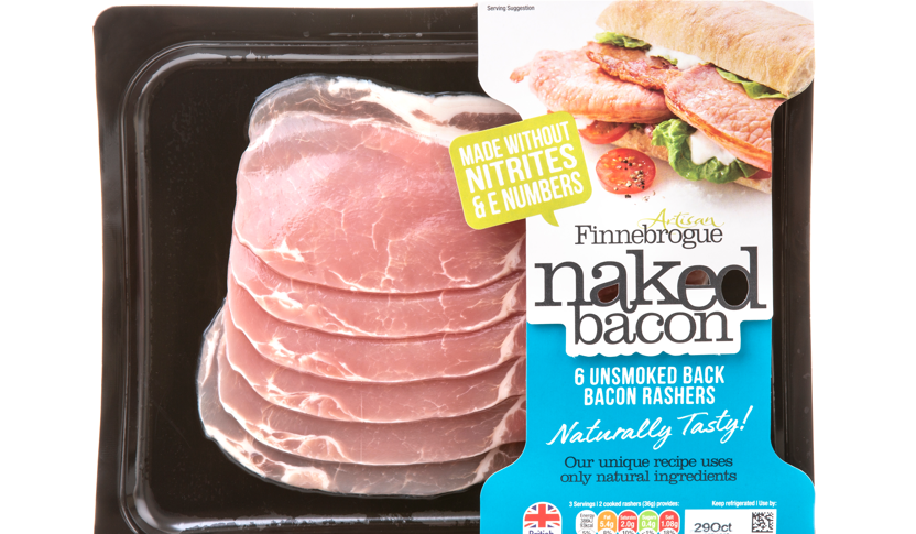 Produktbeispiel Finnebrogue Verpackung mit sechs Scheiben ungeräuchertem Bacon 