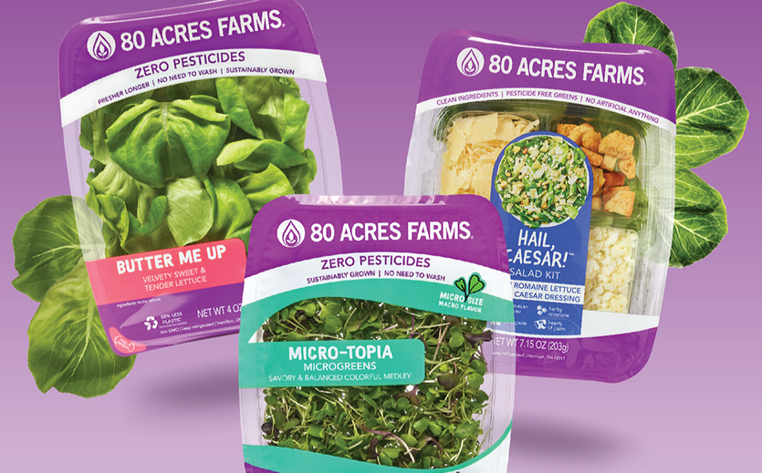 Verpackte Salate und Microgreens von 80 Acres Farms.
