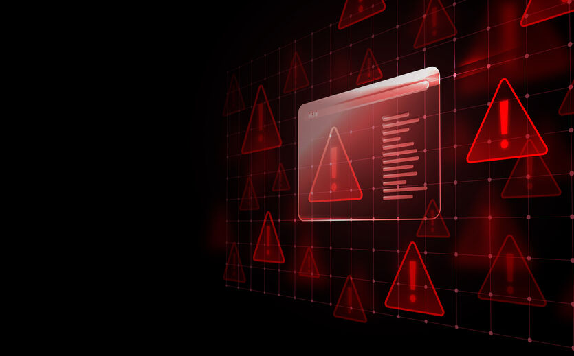 Studie zur Cybersicherheit: Bildschirm zeigt Warnhinweise und rote Dreiecke an. At: grüner Regenschirm, aufgespannt, virtuell.