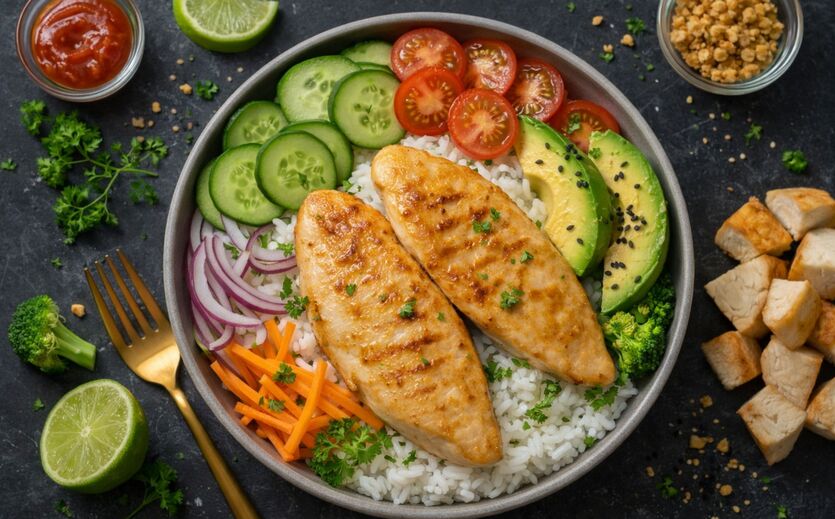 Schouten Europe bringt pflanzenbasiertes Filet mit neuer Fasertechnologie auf den Markt: Zwei pflanzliche Filets liegen gebraten in einer Pfanne mit Rohkost und Gemüse.