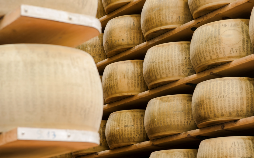 Laibe von Parmigiano Reggiano lagern auf Holzregalen.