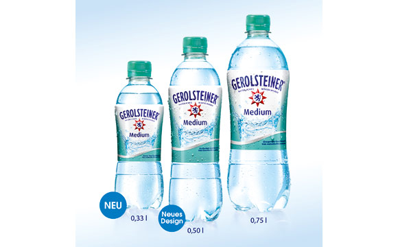 Gerolsteiner bietet seine drei Mineralwasser-Sorten Sprudel, Medium und Naturell ab sofort auch in einer 0,33-l-PET-Einwegflasche an.