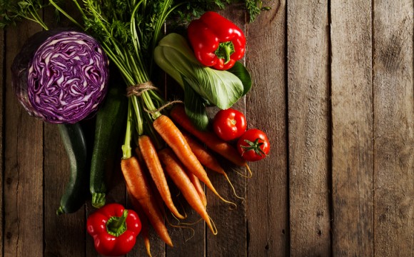 Food Vegetable Colorful Background. Tasty Fresh Vegetables on Wooden Table. Top View with Copy Space. Horizontal.
